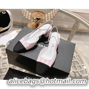 Unique Discount Chanel Stripes Printed Fabric Slingback Pumps 6.5cm Pink 817023