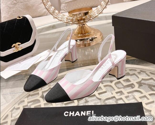 Unique Discount Chanel Stripes Printed Fabric Slingback Pumps 6.5cm Pink 817023