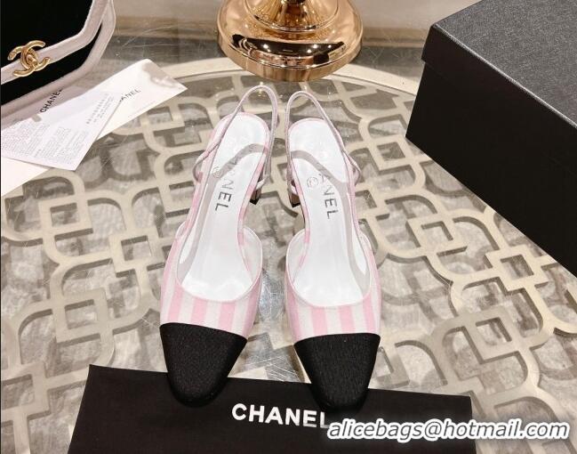 Unique Discount Chanel Stripes Printed Fabric Slingback Pumps 6.5cm Pink 817023