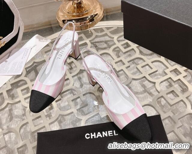 Unique Discount Chanel Stripes Printed Fabric Slingback Pumps 6.5cm Pink 817023