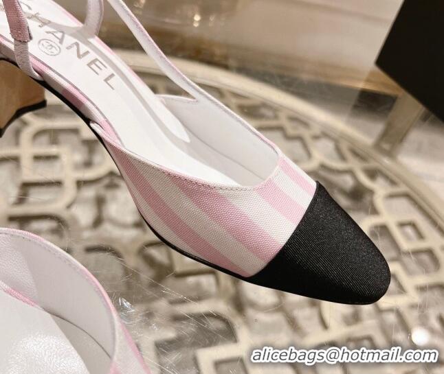 Unique Discount Chanel Stripes Printed Fabric Slingback Pumps 6.5cm Pink 817023