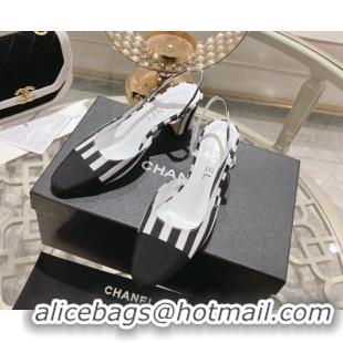 Stylish Chanel Stripes Printed Fabric Slingback Pumps 6.5cm Black 817024