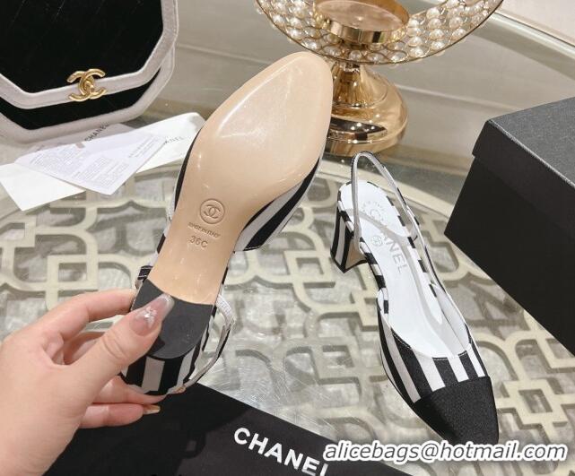 Stylish Chanel Stripes Printed Fabric Slingback Pumps 6.5cm Black 817024