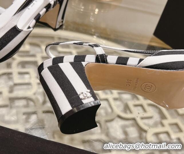 Stylish Chanel Stripes Printed Fabric Slingback Pumps 6.5cm Black 817024