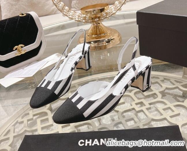 Stylish Chanel Stripes Printed Fabric Slingback Pumps 6.5cm Black 817024