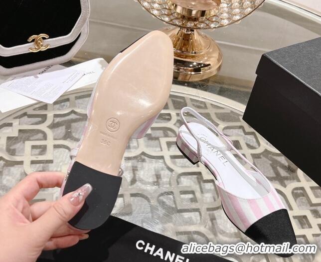 Sumptuous Chanel Stripes Printed Fabric Slingback Flat Pink 817025