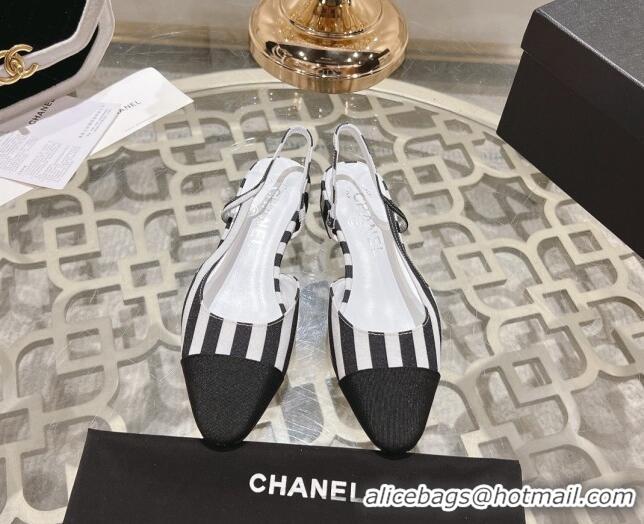 Stylish Chanel Stripes Printed Fabric Slingback Flat Black 817026