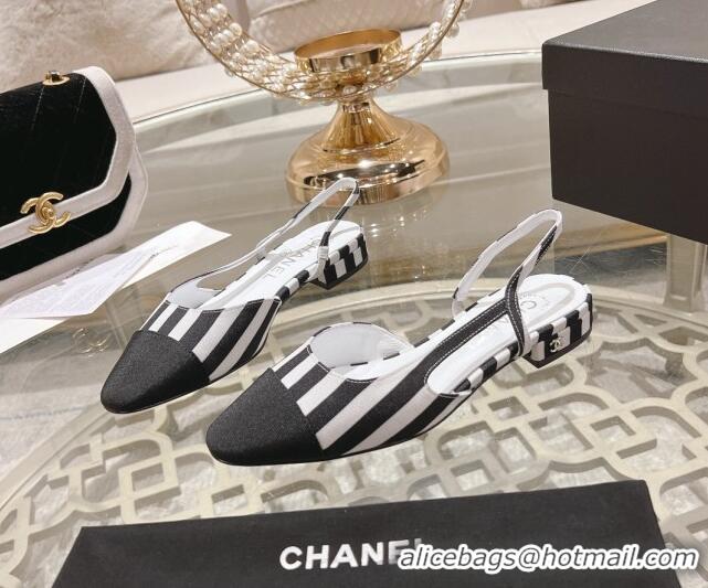 Stylish Chanel Stripes Printed Fabric Slingback Flat Black 817026