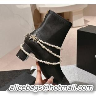 Hot Style Chanel Stretch Lambskin Ankle Boots 5.5cm with Star Pearls Black 817027