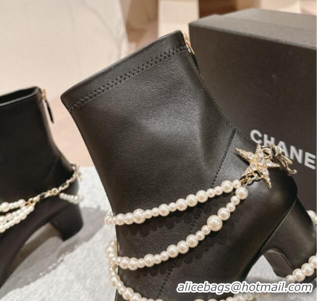 Hot Style Chanel Stretch Lambskin Ankle Boots 5.5cm with Star Pearls Black 817027