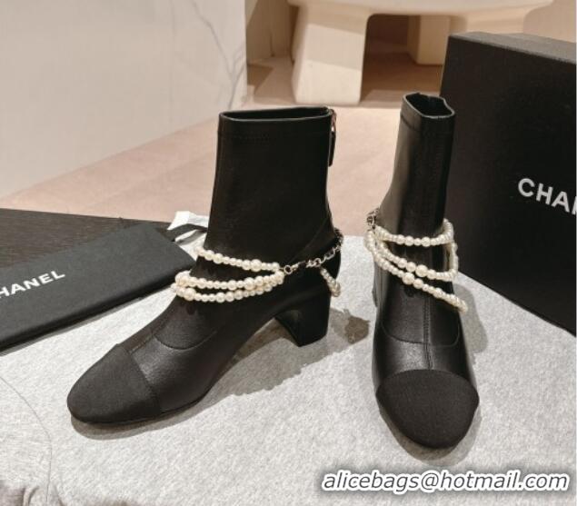 Hot Style Chanel Stretch Lambskin Ankle Boots 5.5cm with Star Pearls Black 817027