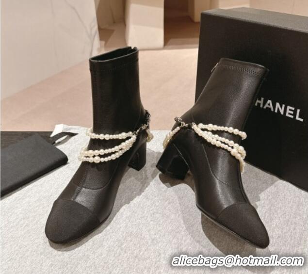 Hot Style Chanel Stretch Lambskin Ankle Boots 5.5cm with Star Pearls Black 817027