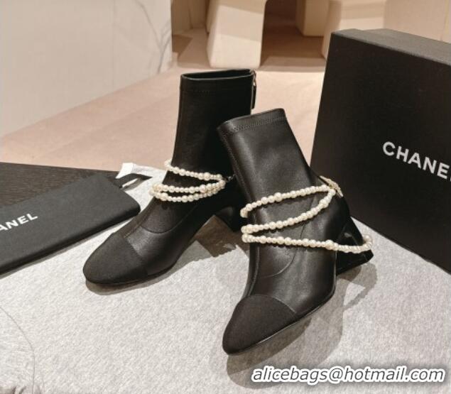 Hot Style Chanel Stretch Lambskin Ankle Boots 5.5cm with Star Pearls Black 817027