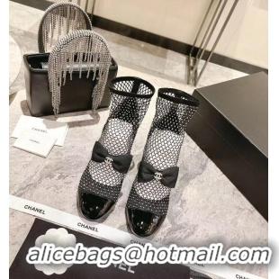 ​Discount Chanel Suede Patent Diamante Fishnet Bow-Embellished Mary Jane Ankle Boots Heel 8.5cm G8411 Black/Silver