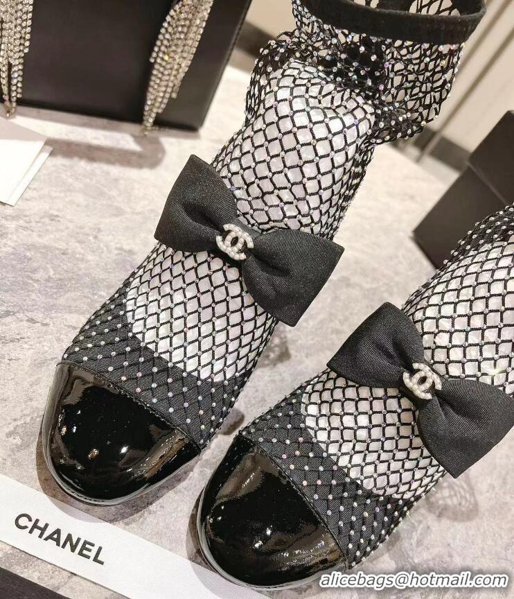 ​Discount Chanel Suede Patent Diamante Fishnet Bow-Embellished Mary Jane Ankle Boots Heel 8.5cm G8411 Black/Silver