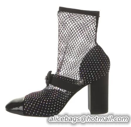 ​Discount Chanel Suede Patent Diamante Fishnet Bow-Embellished Mary Jane Ankle Boots Heel 8.5cm G8411 Black/Silver