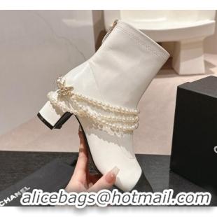 Perfect Chanel Stretch Lambskin Ankle Boots 5.5cm with Star Pearls White 817028