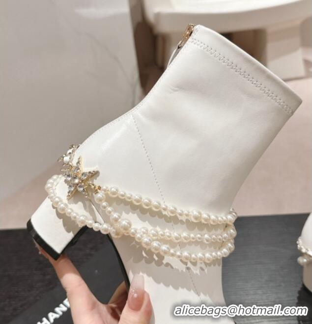 Perfect Chanel Stretch Lambskin Ankle Boots 5.5cm with Star Pearls White 817028