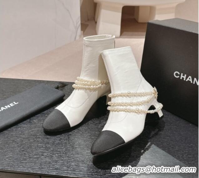 Perfect Chanel Stretch Lambskin Ankle Boots 5.5cm with Star Pearls White 817028