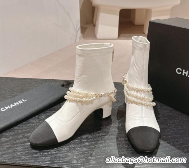 Perfect Chanel Stretch Lambskin Ankle Boots 5.5cm with Star Pearls White 817028