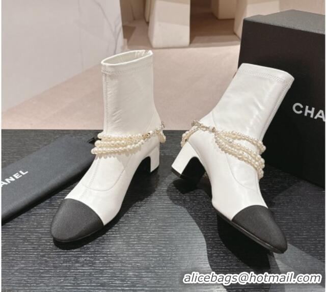 Perfect Chanel Stretch Lambskin Ankle Boots 5.5cm with Star Pearls White 817028