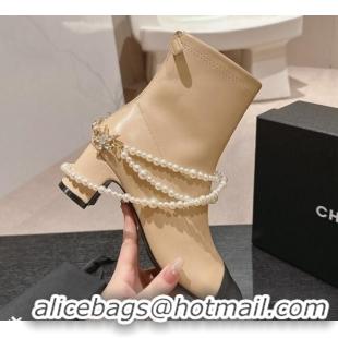 Sophisticated Chanel Stretch Lambskin Ankle Boots 5.5cm with Star Pearls Beige 817029