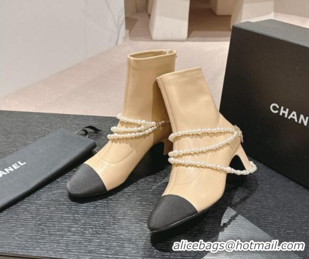 Sophisticated Chanel Stretch Lambskin Ankle Boots 5.5cm with Star Pearls Beige 817029