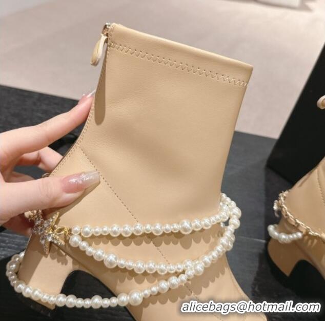 Sophisticated Chanel Stretch Lambskin Ankle Boots 5.5cm with Star Pearls Beige 817029