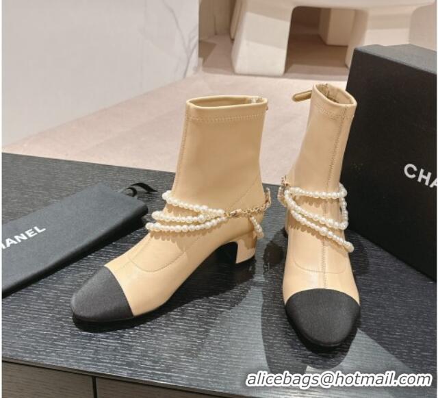 Sophisticated Chanel Stretch Lambskin Ankle Boots 5.5cm with Star Pearls Beige 817029