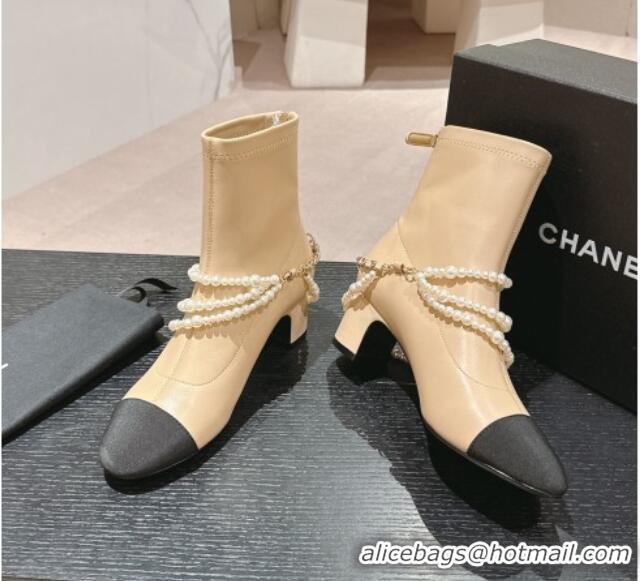 Sophisticated Chanel Stretch Lambskin Ankle Boots 5.5cm with Star Pearls Beige 817029