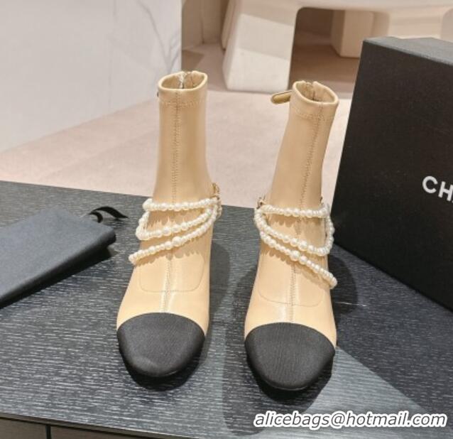 Sophisticated Chanel Stretch Lambskin Ankle Boots 5.5cm with Star Pearls Beige 817029