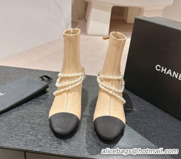 Sophisticated Chanel Stretch Lambskin Ankle Boots 5.5cm with Star Pearls Beige 817029