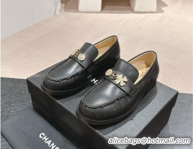 Shop Cheap Chanel Calfskin Loafers 3cm with Logo Charm Black 817030