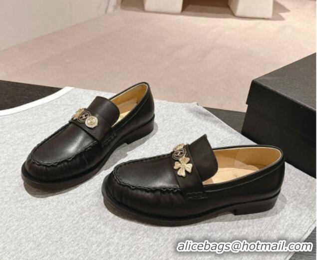 Shop Cheap Chanel Calfskin Loafers 3cm with Logo Charm Black 817030