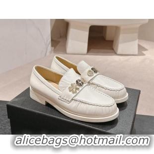 Best Grade Chanel Calfskin Loafers 3cm with Logo Charm White 817031