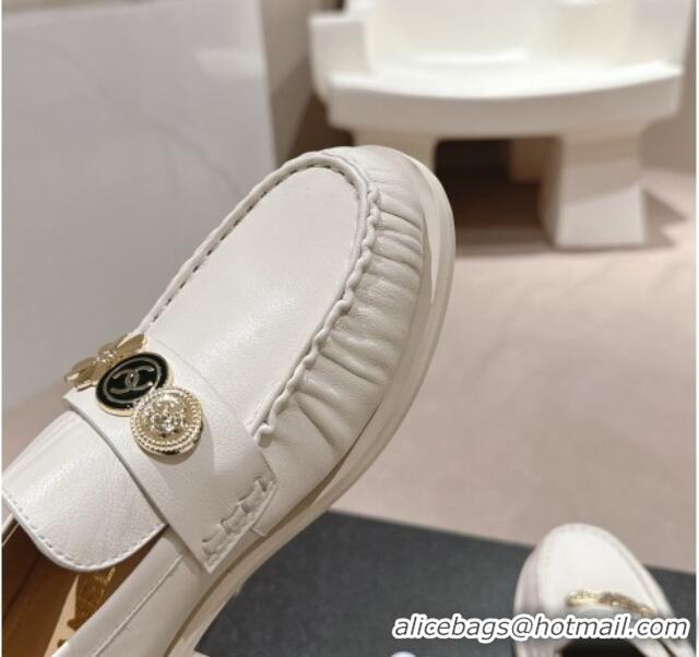 Best Grade Chanel Calfskin Loafers 3cm with Logo Charm White 817031