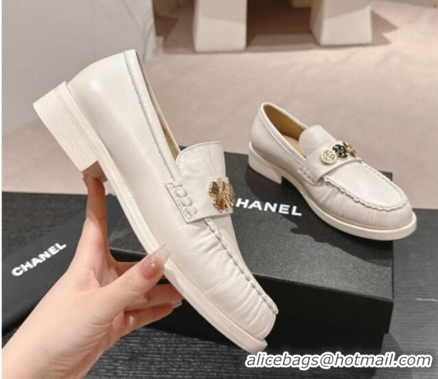 Best Grade Chanel Calfskin Loafers 3cm with Logo Charm White 817031