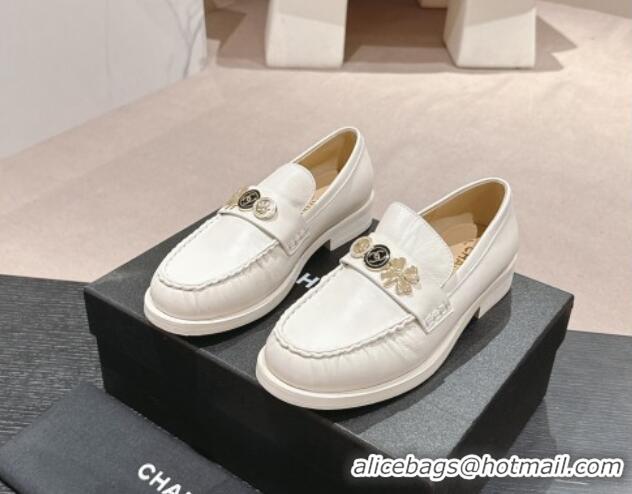 Best Grade Chanel Calfskin Loafers 3cm with Logo Charm White 817031