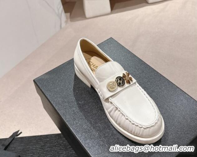 Best Grade Chanel Calfskin Loafers 3cm with Logo Charm White 817031