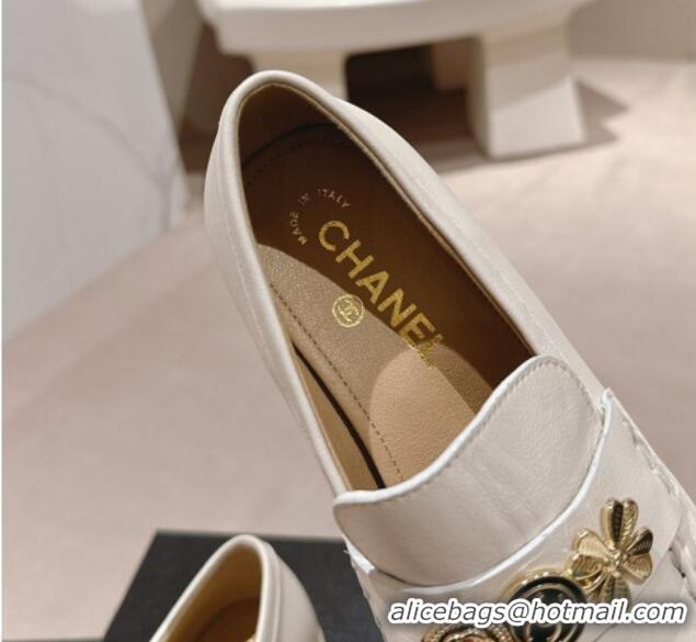 Best Grade Chanel Calfskin Loafers 3cm with Logo Charm White 817031