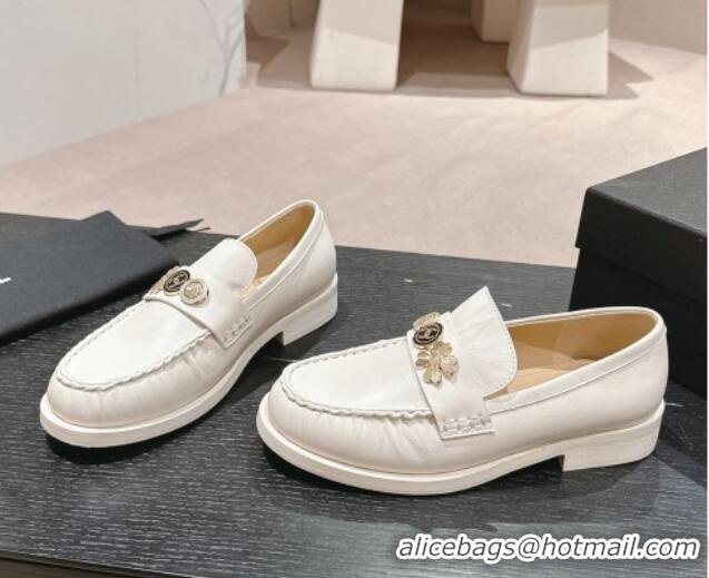 Best Grade Chanel Calfskin Loafers 3cm with Logo Charm White 817031