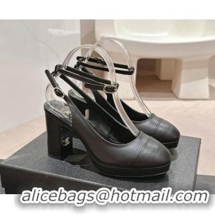 Fashion Luxury Chanel Lambskin Slingback Platform Pumps 9cm with Ankle Strap Black 817032