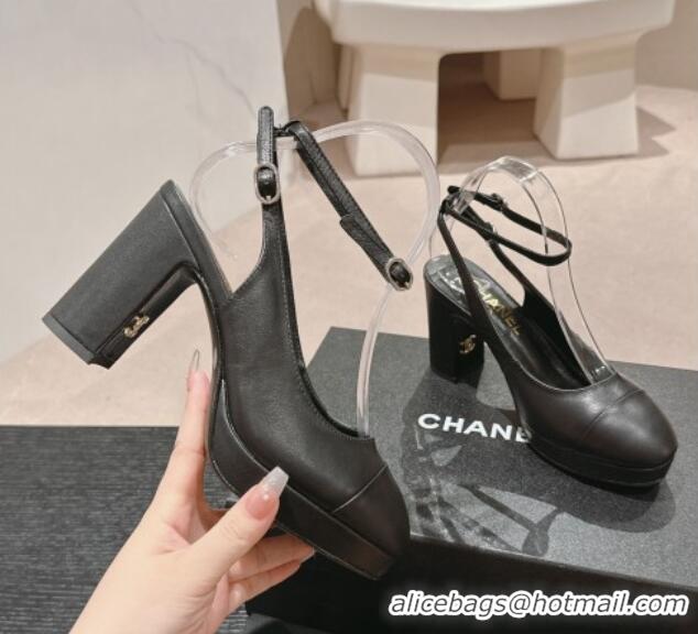 Fashion Luxury Chanel Lambskin Slingback Platform Pumps 9cm with Ankle Strap Black 817032