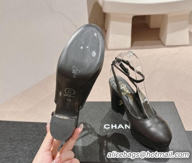 Fashion Luxury Chanel Lambskin Slingback Platform Pumps 9cm with Ankle Strap Black 817032