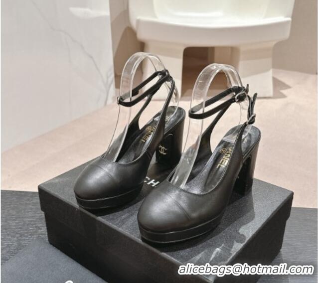 Fashion Luxury Chanel Lambskin Slingback Platform Pumps 9cm with Ankle Strap Black 817032