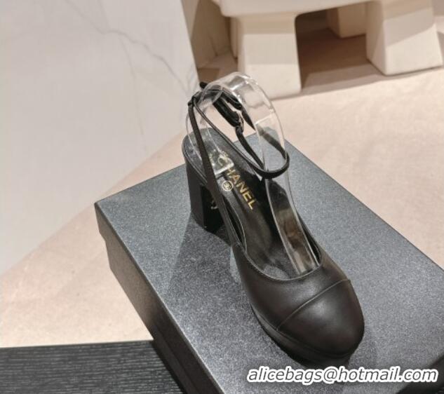 Fashion Luxury Chanel Lambskin Slingback Platform Pumps 9cm with Ankle Strap Black 817032