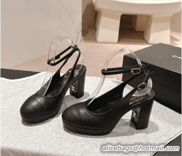 Fashion Luxury Chanel Lambskin Slingback Platform Pumps 9cm with Ankle Strap Black 817032