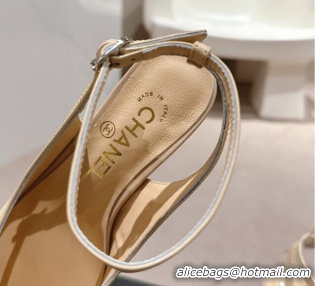 Fashion Chanel Lambskin Slingback Platform Pumps 9cm with Ankle Strap Beige 817033