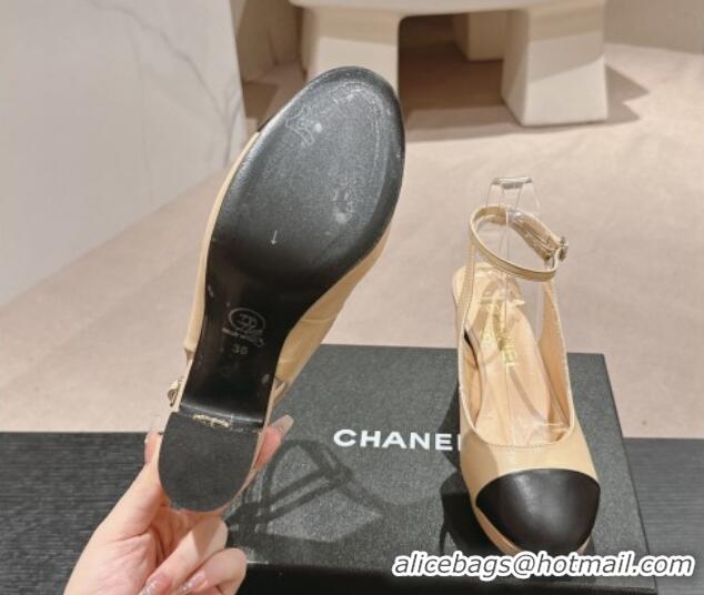 Fashion Chanel Lambskin Slingback Platform Pumps 9cm with Ankle Strap Beige 817033