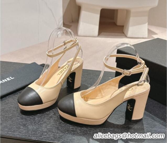 Fashion Chanel Lambskin Slingback Platform Pumps 9cm with Ankle Strap Beige 817033